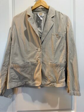 Talbots Stretch Pinstripe Blazer Jacket Tan White Cotton Women’s 12 Two Button
